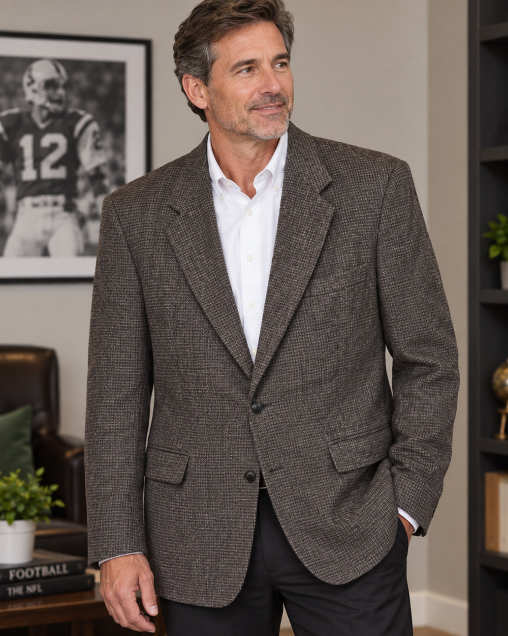 Vtg Joe Namath Signature 42L 100% Wool Sateen Tweed Sport Coat Blazer Brown Gray